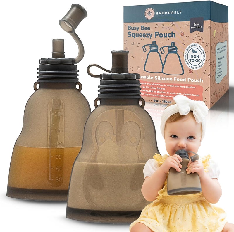 Everusely Reusable Baby Food Pouches for Toddlers - 2 Pack, 6 oz/180 ml, Slate - Image 1